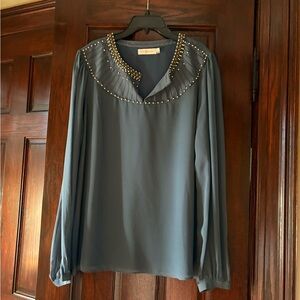 NWOT Tory Burch Silk Sheer Blouse Beaded/Pearl Collar - Color: Slate - Size: 12